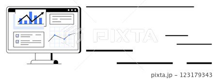 Computer screen displays analytics dashboard with various graphs charts and data. Ideal for business performance financial analysis data visualization reporting and decision-making Computer screen displays analytics dashboard with various graphs charts and data. Ideal for business performance financial analysis data visualization reporting and decision-making 123179343