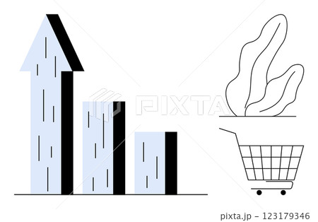 Bar graph with three bars one with arrow pointing up signifying growth leaves and shopping cart. Ideal for business analytics retail sales growth economic trends data visualization and market Bar graph with three bars one with arrow pointing up signifying growth leaves and shopping cart. Ideal for business analytics retail sales growth economic trends data visualization and market 123179346