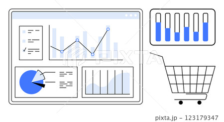 Digital interface showing multiple charts and graphs, including bar charts, line graphs, pie chart, and a shopping cart icon. Ideal for data analysis, e-commerce, business intelligence, market Digital interface showing multiple charts and graphs, including bar charts, line graphs, pie chart, and a shopping cart icon. Ideal for data analysis, e-commerce, business intelligence, market 123179347