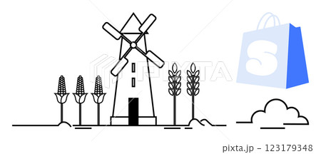 A black and white windmill with corn and wheat plants next to a shopping bag with an S symbol. Ideal for farming, agriculture, renewable energy, food production, eco-friendly practices A black and white windmill with corn and wheat plants next to a shopping bag with an S symbol. Ideal for farming, agriculture, renewable energy, food production, eco-friendly practices 123179348