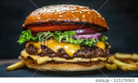 bold triple cheeseburger with thick beef patties, melted cheddar, crisp lettuce, tomato, red onion, glossy sesame seed bun, served with golden fries on dark slate background, concept of gourmet fast 123179363