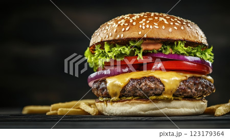 bold triple cheeseburger with thick beef patties, melted cheddar, crisp lettuce, tomato, red onion, glossy sesame seed bun, served with golden fries on dark slate background, concept of gourmet fast 123179364