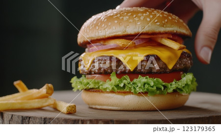 hand reaching for towering triple cheeseburger with thick beef patties, melted cheddar, crisp lettuce, tomato, onion, sesame seed bun, fries tumbling mid-air, dark slate background, concept of gourmet 123179365