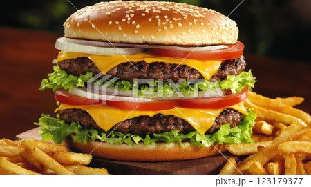towering triple cheeseburger with melted cheddar over thick beef patties, crisp lettuce, tomato, red onion, sesame seed bun, served with crispy fries on rustic wooden board, concept of gourmet fast 123179377