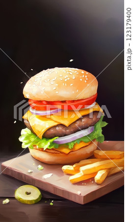 towering triple cheeseburger with melted cheddar over thick beef patties, crisp lettuce, tomato, red onion, sesame seed bun, served with crispy fries on rustic wooden board, concept of gourmet fast 123179400