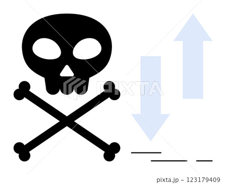 Skull and crossbones with blue arrows represent danger and computational analysis Ideal for themes, of warning data processing cybersecurity digital risk and computing threats Modern minimalist style Skull and crossbones with blue arrows represent danger and computational analysis Ideal for themes, of warning data processing cybersecurity digital risk and computing threats Modern minimalist style 123179409