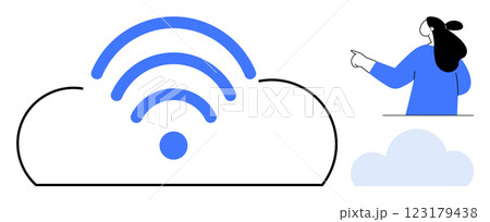 Woman wearing blue points at cloud storage symbol featuring a wireless connection. Ideal for digital storage, cloud computing, wireless technology, innovation, modern communication. Cartoon style 123179438