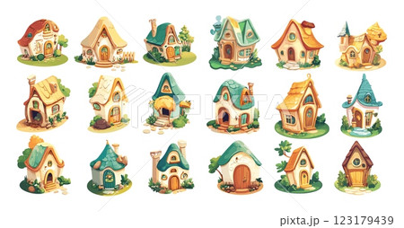 Small magic houses cartoon vector set. Tiny manor little huts palaces rural fantasy buildings, wizard sorcerer apartments pixie fairy homes, isolated illustrations on white background 123179439