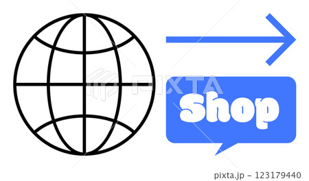 A simple globe graphic with a right-facing arrow pointing to, a blue speech bubble containing the word shop 123179440