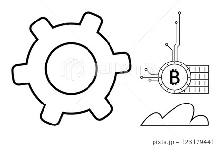Large gear next to a Bitcoin symbol with a circuit and a cloud shape. Ideal for blockchain, cryptocurrency, technology, industry, innovation. Simple line style 123179441
