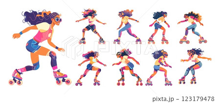 Roller girl cartoon vector set. Skater derby woman sunglasses positive female, dynamic pose rink queen sliding character, isolated illustrations on white backdrop 123179478