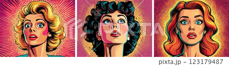 Pop art woman portraits cartoon vector set. Thoughtful scared female, confused puzzled lady, half tone color comic characters, isolated illustrations 123179487