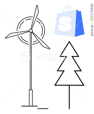 Modern wind turbine, stylized tree, and blue shopping bag with letter S. Ideal for renewable energy, sustainability, green living, eco-friendly products, environmental awareness. Clean, minimalistic 123179488