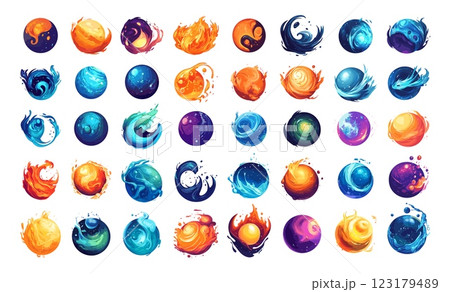 Planets cartoon vector set. Orbital celestial bodies spheres, giants gas rocky moons exoplanets, planetary asteroids galaxy outer worlds space objects, isolated illustrations on white background 123179489