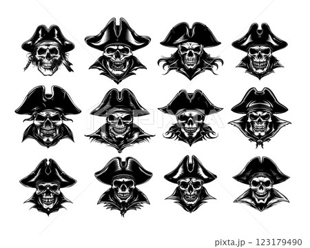 Pirate skull with hat engraving vector set. Dead head human bone jolly roger, cranium corsair privateer rogue avatar, outlaw maritime raider freebooter, isolated illustration on white backdrop 123179490