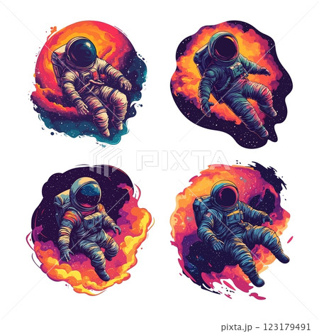 Outer space cosmonaut cartoon vector concepts. Skafandr suit stars human soaring open cosmos astronaut, clouds nebula galaxy astronomical milky way system universe cosmic adventure character 123179491