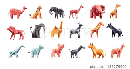 Origami paper animals cartoon vector set. Camel giraffe elephant wolf lion donkey cub wildlife predator hoofed polygonal creatures, jungle savanna dwellers, isolated illustrations on white background 123179492