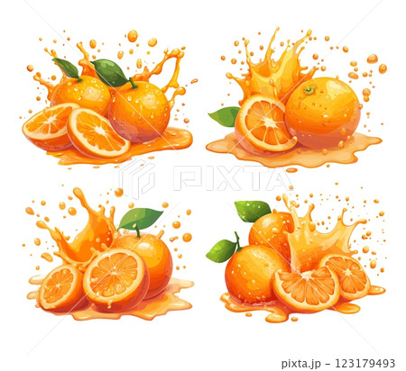 Orange juice concepts cartoon vector set. Grape citrus fruit juicy splashes leaks, sprays splatter droplets healthy fresh tropical vitamins edible plants poems food isolated illustrations on white 123179493