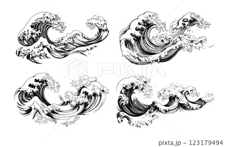 Ocean waves black ink sketch vector set. Marine curly water storm sea swells, surge tsunami ripples tide surfing foam splashes, monochrome isolated hand drawn illustrations 123179494