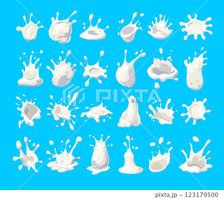 Milk splashes cartoon vector set. leaks blobs droplets dairy products spills dribbles milkshake spatters, natural farm liquid drinks, isolated illustrations on white background 123179500