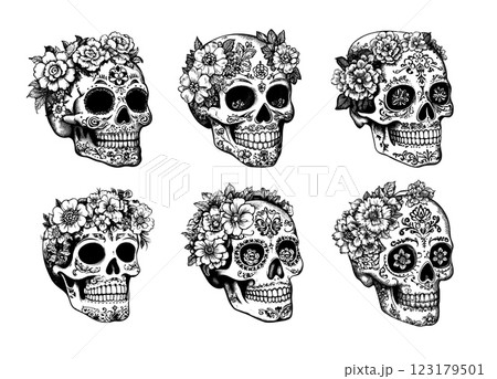 Mexican flowers skulls engraving vector set. Dead bone human head cranial dia de los muertos remains, south american native patterns cult symbols, isolated hand drawn monochrome vector illustrations 123179501