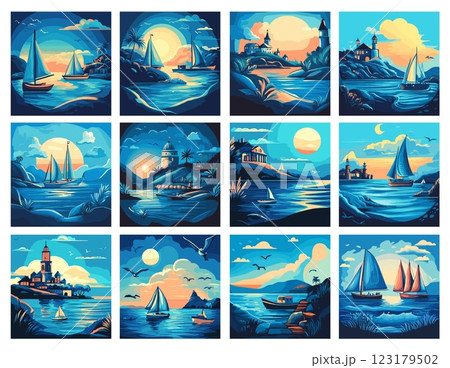 Marine landscape cartoon vector set. Sea ship boats yachts shore, beacon ocean coast buildings, summer tropical scenes illustrations 123179502