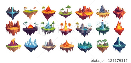 Hovering islands cartoon vector set. Rocks mountains lava volcano frozen ice dune sands waterfall forest lakes crags boulders stones biome worlds, mist video games lands assets, isolated artworks 123179515
