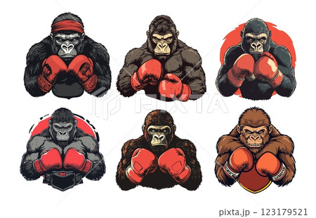 Gorilla boxer cartoon vector set. Strong red gloves furious ready to fight pose ape, martial arts fighter silver back monkey brawler, club emblems logo, isolated illustrations Gorilla boxer cartoon vector set. Strong red gloves furious ready to fight pose ape, martial arts fighter silver back monkey brawler, club emblems logo, isolated illustrations 123179521