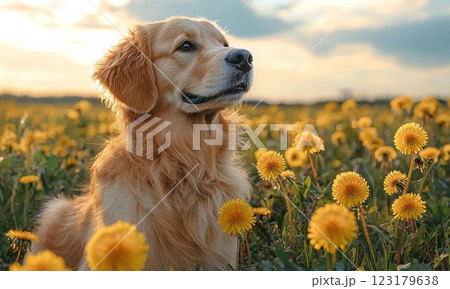 夕暮れに染まるゴールデンレトリーバー 夕暮れに染まるゴールデンレトリーバー 123179638