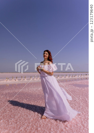 Woman White Dress Pink Salt Lake Summer Vacation Woman White Dress Pink Salt Lake Summer Vacation 123179640
