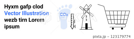 Footprint and CO2 symbol to suggest environmental impact and sustainability a windmill to denote renewable energy and a shopping cart indicating consumerism. Ideal for sustainability eco-friendliness 123179774