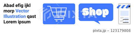 Shopping cart icon, Shop text in speech bubble, and storefront image in blue and white. Ideal for online shopping concepts, e-commerce, retail themes, business websites, and digital marketing Shopping cart icon, Shop text in speech bubble, and storefront image in blue and white. Ideal for online shopping concepts, e-commerce, retail themes, business websites, and digital marketing 123179808
