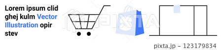 Shopping cart, blue shopping bag, storefront with a sign. Ideal for online shopping, retail, e-commerce, digital marketing, web design. Landing page 123179834