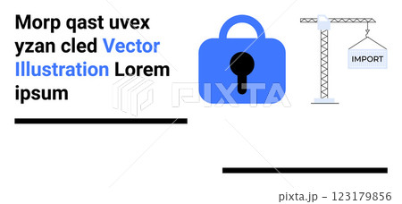 Lock icon and crane lifting import sign. Ideal for concepts like data security, importing goods, logistics, privacy protection, and construction. Landing page Lock icon and crane lifting import sign. Ideal for concepts like data security, importing goods, logistics, privacy protection, and construction. Landing page 123179856