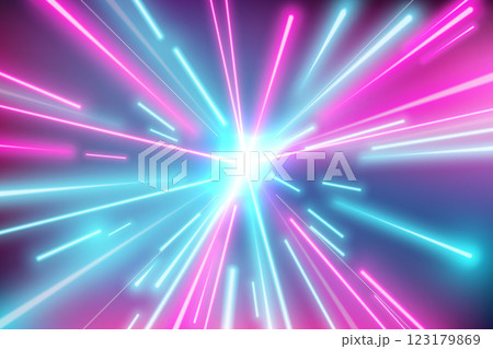 Vibrant neon rays in blue and pink shades radiate from a bright center 123179869