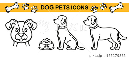 Cute dog puppy pet animal, labrador retriever pup, young terrier sitting, standing, rottweiler head face portrait line icon. Canine food shop. Doggy eating from bowl. Veterinary care, training. Vector 123179883