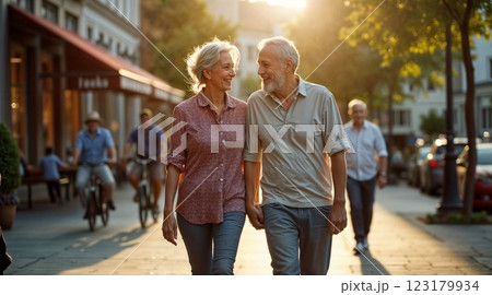 Happy European senior couple in love walking together in city streets on sunny summer evening Happy European senior couple in love walking together in city streets on sunny summer evening 123179934
