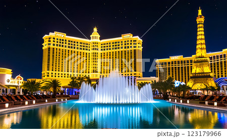 ラスベガス風の輝く街並みと光の軌跡 123179966