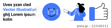 Cartoon figure pointing at happy face and thumbs-up symbol next to placeholder text. Ideal for user feedback, digital marketing, social media, client satisfaction, and online engagement. Landing page 123180111