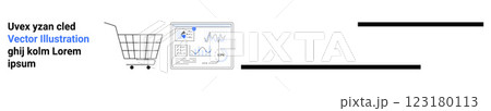 Shopping cart beside a screen with data analytics graphs and placeholder text in black and blue. Ideal for e-commerce, data analysis, shopping, statistics, and business analytics. Landing page 123180113