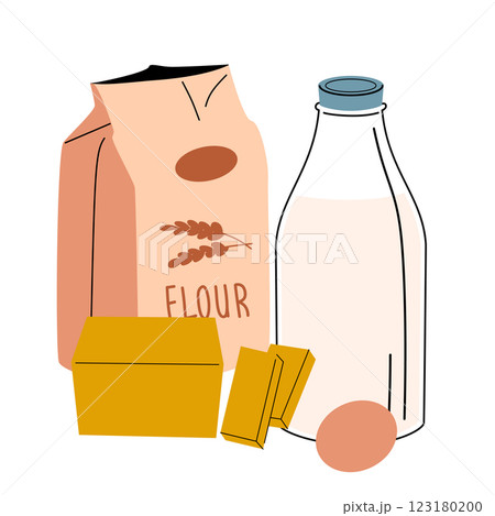 Ingredients for the dough: milk, butter, flour, eggs. Baking cooking. 123180200