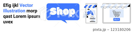Online shopping theme showing a storefront with an Open sign, a shopping cart icon, and a Shop speech bubble. Ideal for e-commerce, online retail, marketing, digital sales, and website design 123180206
