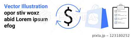 Blue text Vector Illustration. Blue dollar sign with circular arrows. Blue and white shopping bag with S symbol. Black and white checklist. Ideal for financial transactions, ecommerce, shopping Blue text Vector Illustration. Blue dollar sign with circular arrows. Blue and white shopping bag with S symbol. Black and white checklist. Ideal for financial transactions, ecommerce, shopping 123180252