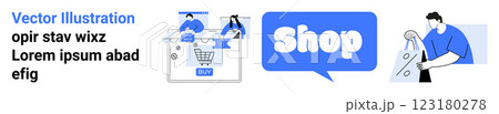 Women browsing products on a website, a speech bubble with the word shop, and a seamstress sewing. Ideal for e-commerce, online shopping, retail business, crafting, digital marketing. Landing page Women browsing products on a website, a speech bubble with the word shop, and a seamstress sewing. Ideal for e-commerce, online shopping, retail business, crafting, digital marketing. Landing page 123180278