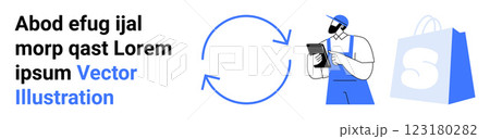 Delivery person holding a tablet and arrows indicating process flow, accompanied by a shopping bag icon. Ideal for logistics, e-commerce, delivery services, online shopping, digital marketing 123180282