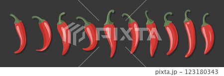Cartoon Red Hot Chili Pepper Icon Set Closeup, Isolated. Hand Drawn Spicy Chili Pepper, Vector Illustration 123180343