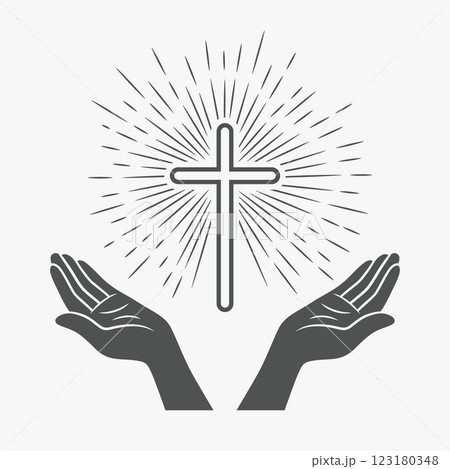 Black and White Open Hands with Cross and Divine Light, Symbol of Faith and Prayer. Design Template for Church Logo. Prayer, Religion Concept Monochrome Cut Out Silhouette Icon. Vector Illustration Black and White Open Hands with Cross and Divine Light, Symbol of Faith and Prayer. Design Template for Church Logo. Prayer, Religion Concept Monochrome Cut Out Silhouette Icon. Vector Illustration 123180348