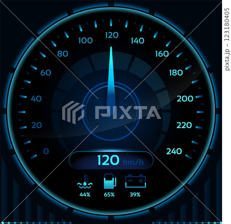 Futuristic glowing blue speedometer displaying 120 kilometers per hour, featuring coolant, fuel, and battery indicators, set against a dark background for a striking visual effect Futuristic glowing blue speedometer displaying 120 kilometers per hour, featuring coolant, fuel, and battery indicators, set against a dark background for a striking visual effect 123180405