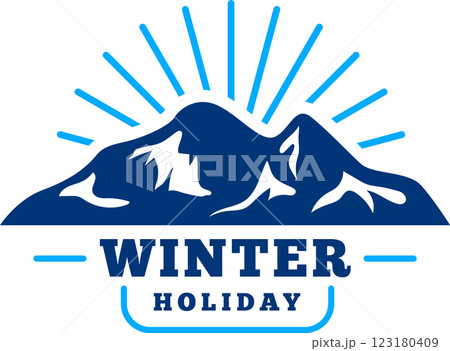 Winter holiday logo featuring snowy mountain peaks with sun shining above, perfect for travel agencies and winter resorts promoting vacations and tourism Winter holiday logo featuring snowy mountain peaks with sun shining above, perfect for travel agencies and winter resorts promoting vacations and tourism 123180409