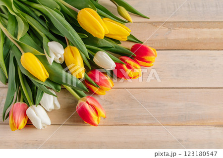 Fresh multicolored tulips on wooden background. Bouquet of spring flowers. 123180547